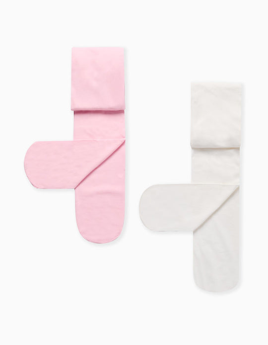 طقم 2 جوارب ميكروفايبر للبنات، أبيض/وردي