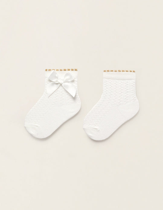 جوارب محبوكة مع فيونكة للمواليد البنات، أبيض/ذهبي