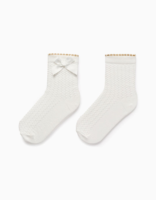 Textured Socks with Bow for Girls, White/Gold