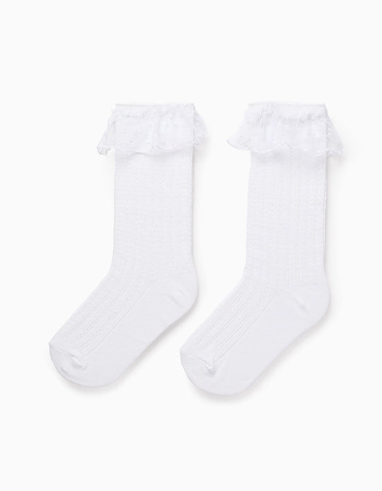 جوارب طويلة بكشكش تول للفتيات، أبيض