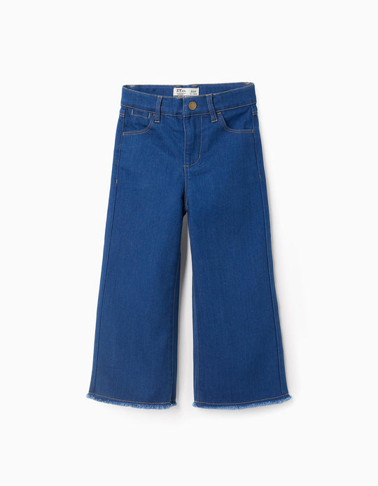بنطال جينز واسع الساق بحواف مهترئة للبنات، أزرق