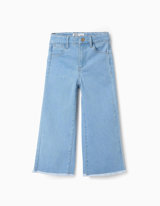 بنطال جينز واسع الساق بحواف مهترئة للبنات، أزرق فاتح