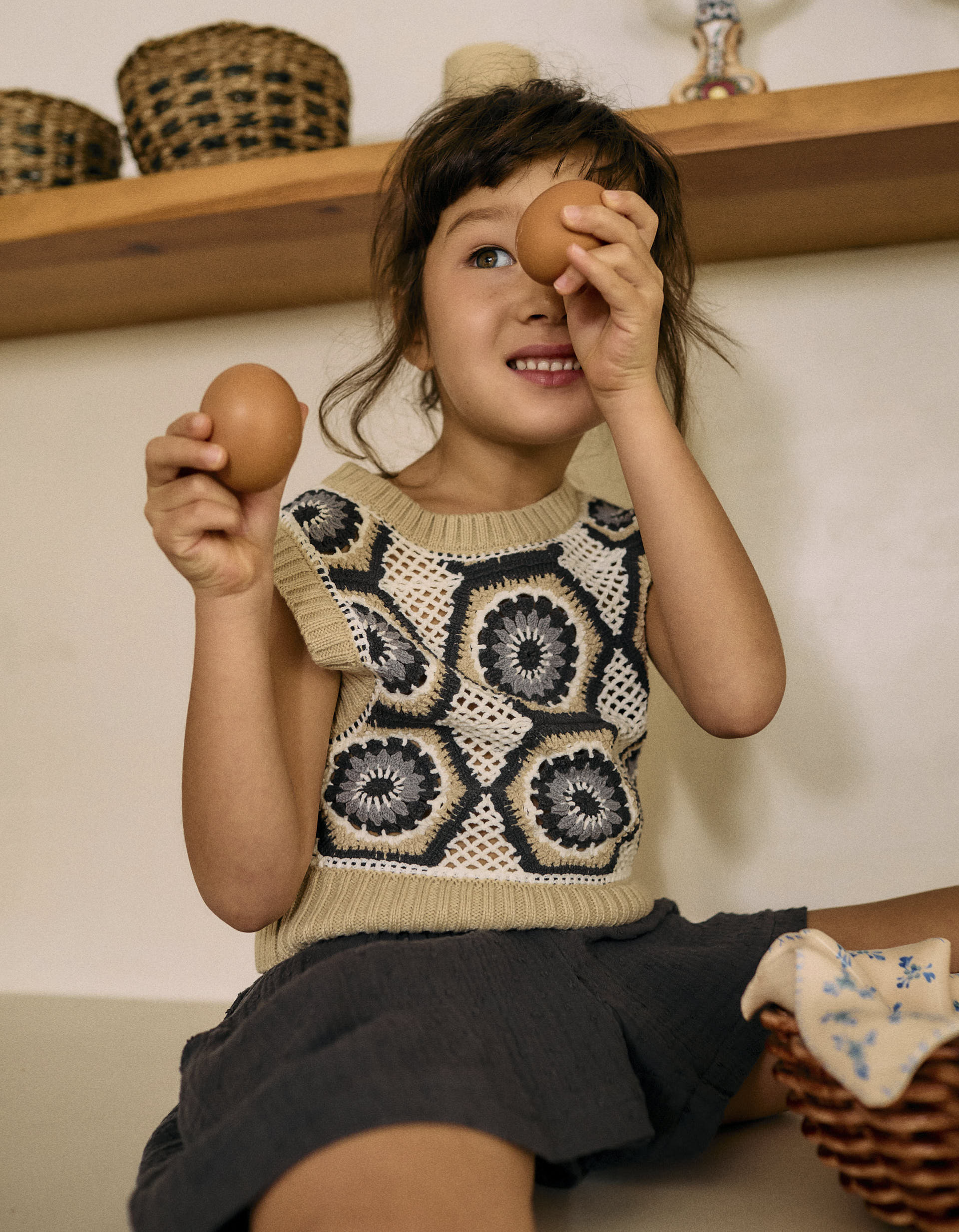 Knitted Gilet with Crochet for Girls, Beige/Grey | La vie en Rose | KSA