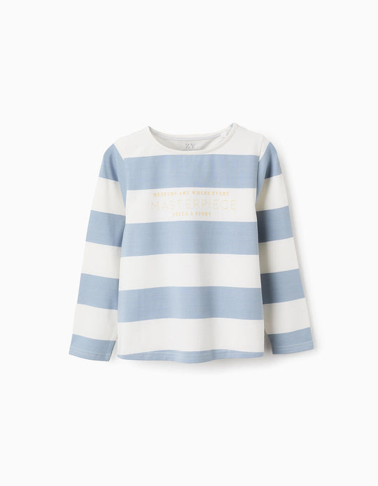 تيشيرت مخطط بطبعة للبنات، أزرق/أبيض