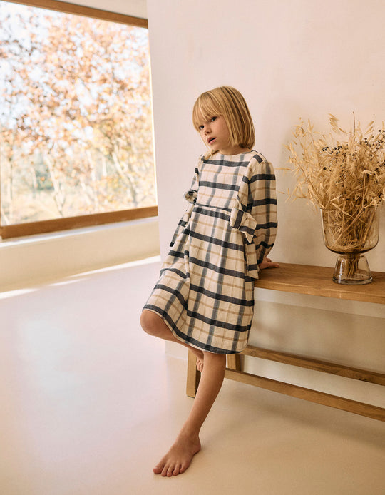 فستان قطن بكاروهات للبنات B&S، أبيض/بيج/رمادي