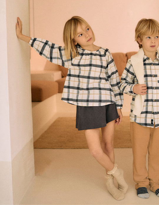Cotton Checked Blouse for Girls 'B&S', White/Beige/Grey