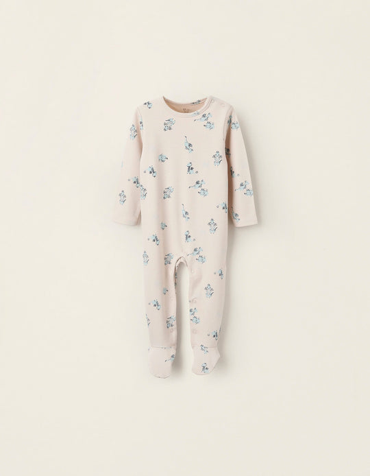 Cotton Sleepsuit with Dragon Motif for Baby Boys, Beige