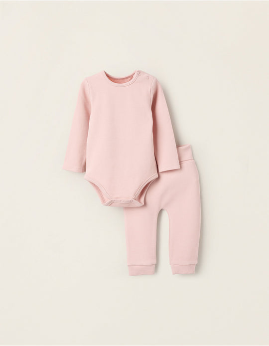 Ribbed Bodysuit and Trousers Pyjama Set for Baby Girls, Pink