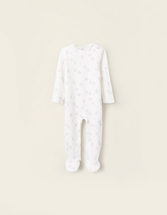 Cotton Sleepsuit with Cupcakes Motif for Baby Girls, White