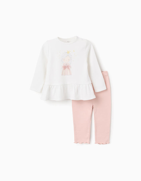 بيجاما قطعتين بأكمام طويلة + بنطال للبنات الرضع برنسيس، أبيض/وردي