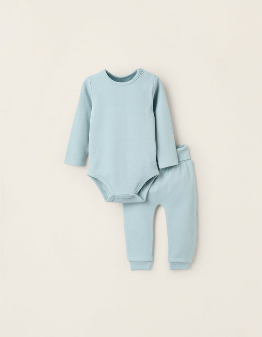 Ribbed Bodysuit and Trousers Pyjama Set for Baby Boys, Turquoise