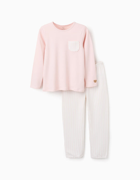 بيجاما قطعتين بأكمام طويلة + بنطال للبنات مخطط، وردي/أبيض