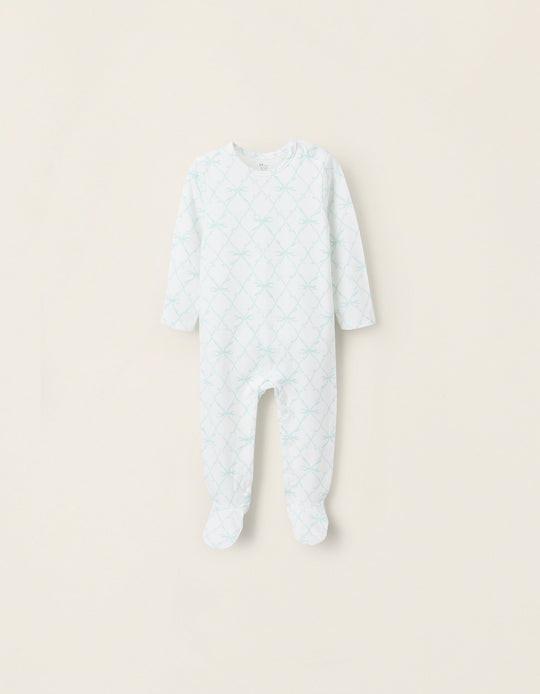 Cotton Sleepsuit with Bow Motif for Baby Girls, Turquoise