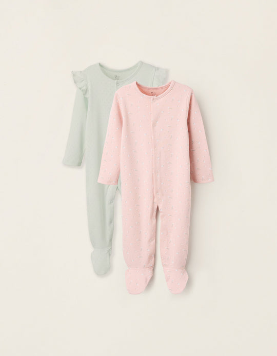 Pack 2 Pointelle/Floral Sleepsuits for Baby Girls, Pink/Green