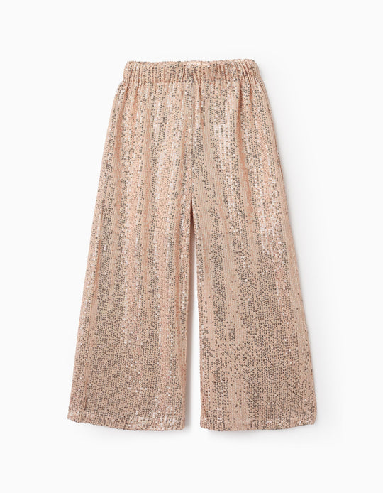 Sequinned Trousers for Girls, Beige/Pink Gold