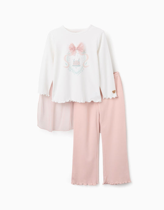 بيجاما قطعتين بأكمام طويلة مع كاب + بنطال للبنات كاسل، أبيض/وردي