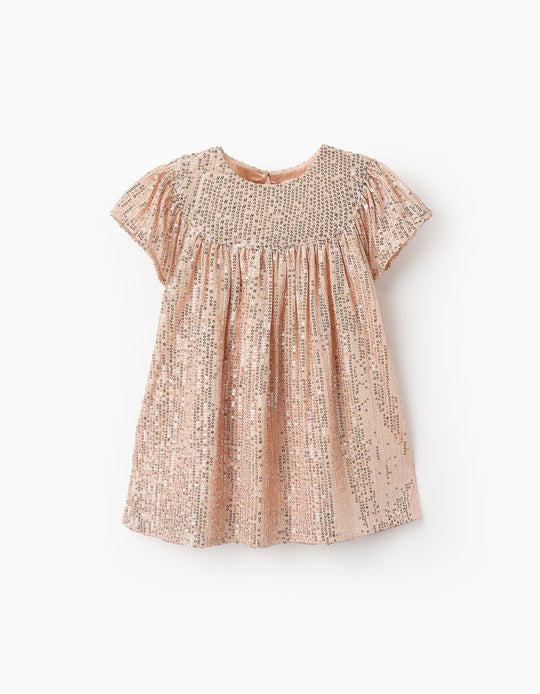 Sequinned Dress for Baby Girls, Beige/Pink Gold
