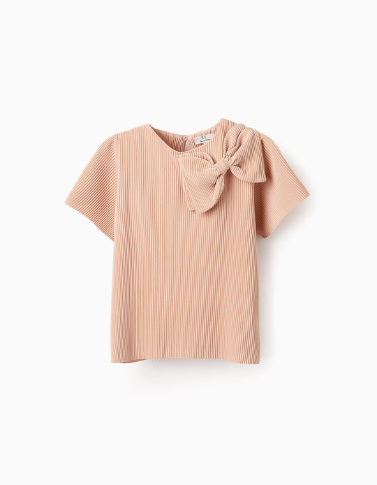 Pleated T-shirt with Built-in Bow for Girls, Beige