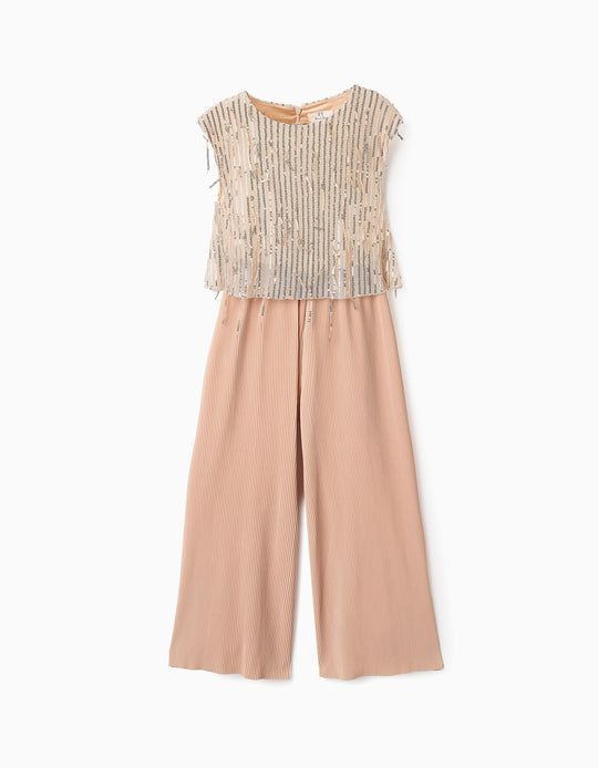 Pleated Jumpsuit with Sequins for Girls, Beige/Gold