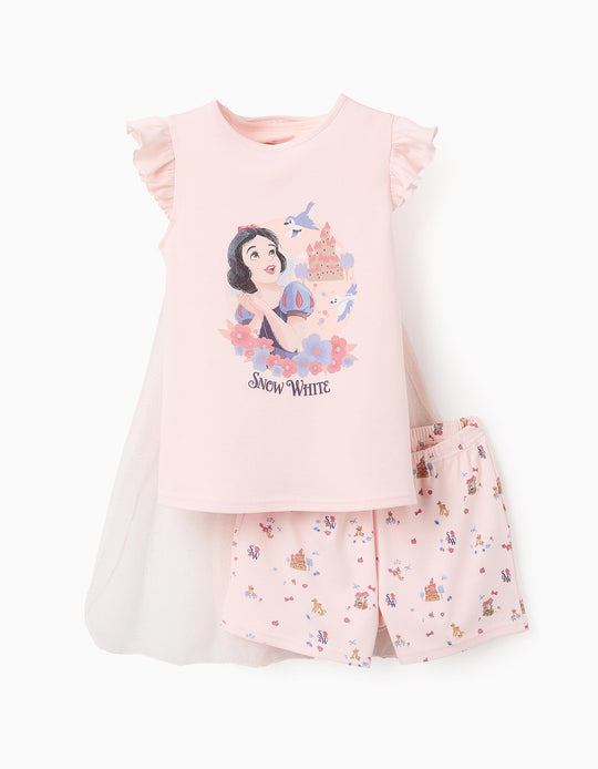 طقم بيجاما تيشيرت بدون أكمام + شورت + كاب للبنات سنو وايت، وردي