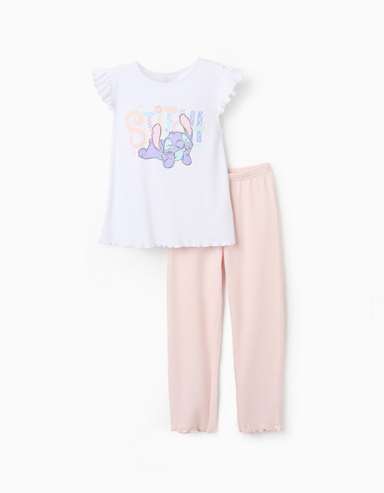 Pyjama in Interlock Cotton for Girls 'Stitch', White/Pink