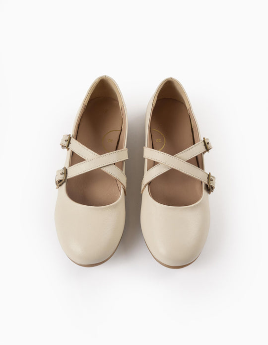 Leather Buckled Ballerina Shoes for Girls, Beige