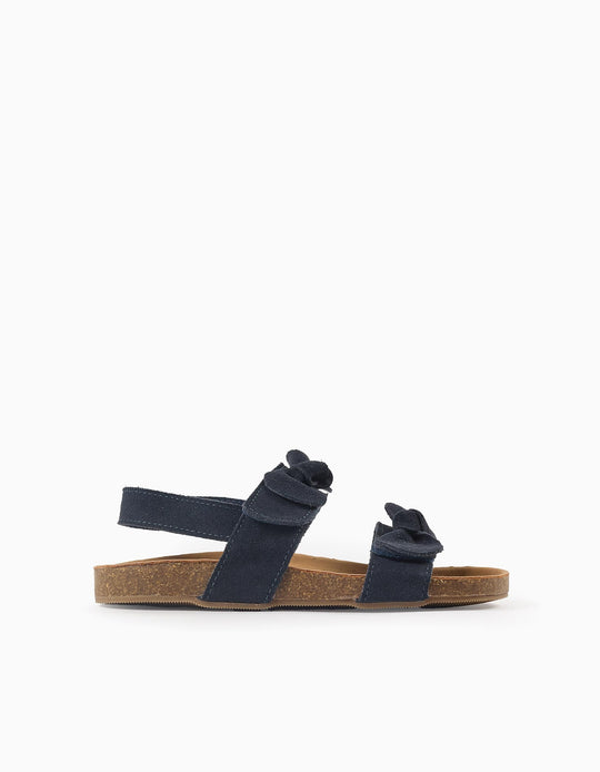 Suede Sandals with Bows for Girls, Dark Blue