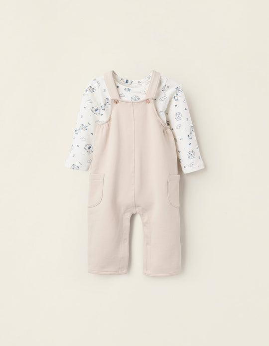Bodysuit + Dungarees for Newborns 'Safari', White/Beige