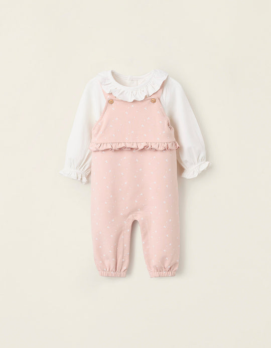 Bodysuit + Dungarees for Newborn Girls, Pink/White