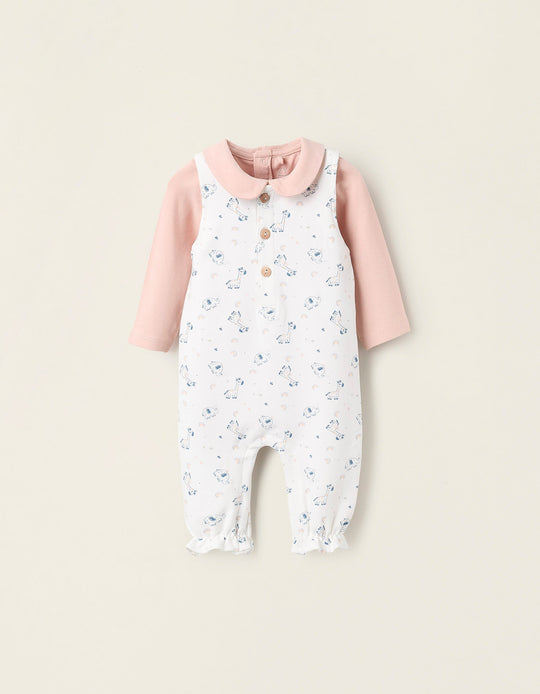 Bodysuit + Jumpsuit with Motif for Newborn Girls, Pink/White