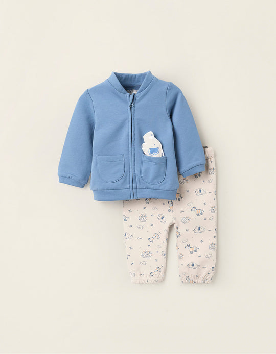 Set of Hooded Jacket + Trousers for Newborns 'Safari', Blue/Beige
