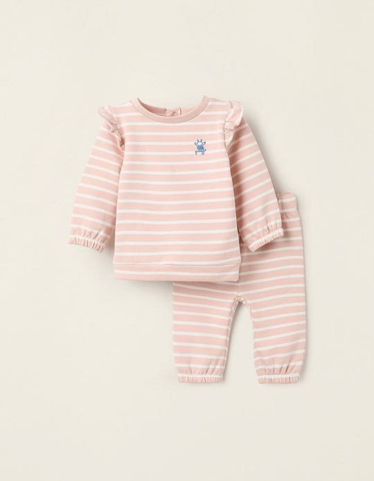 Striped Set of Sweatshirt + Trousers for Newborn Girls, Pink/White