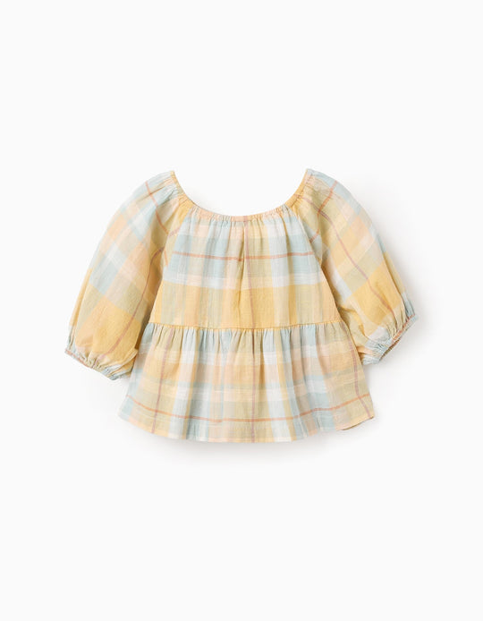 Top with Check and Puffed Sleeves for Girls 'B&S', Yellow