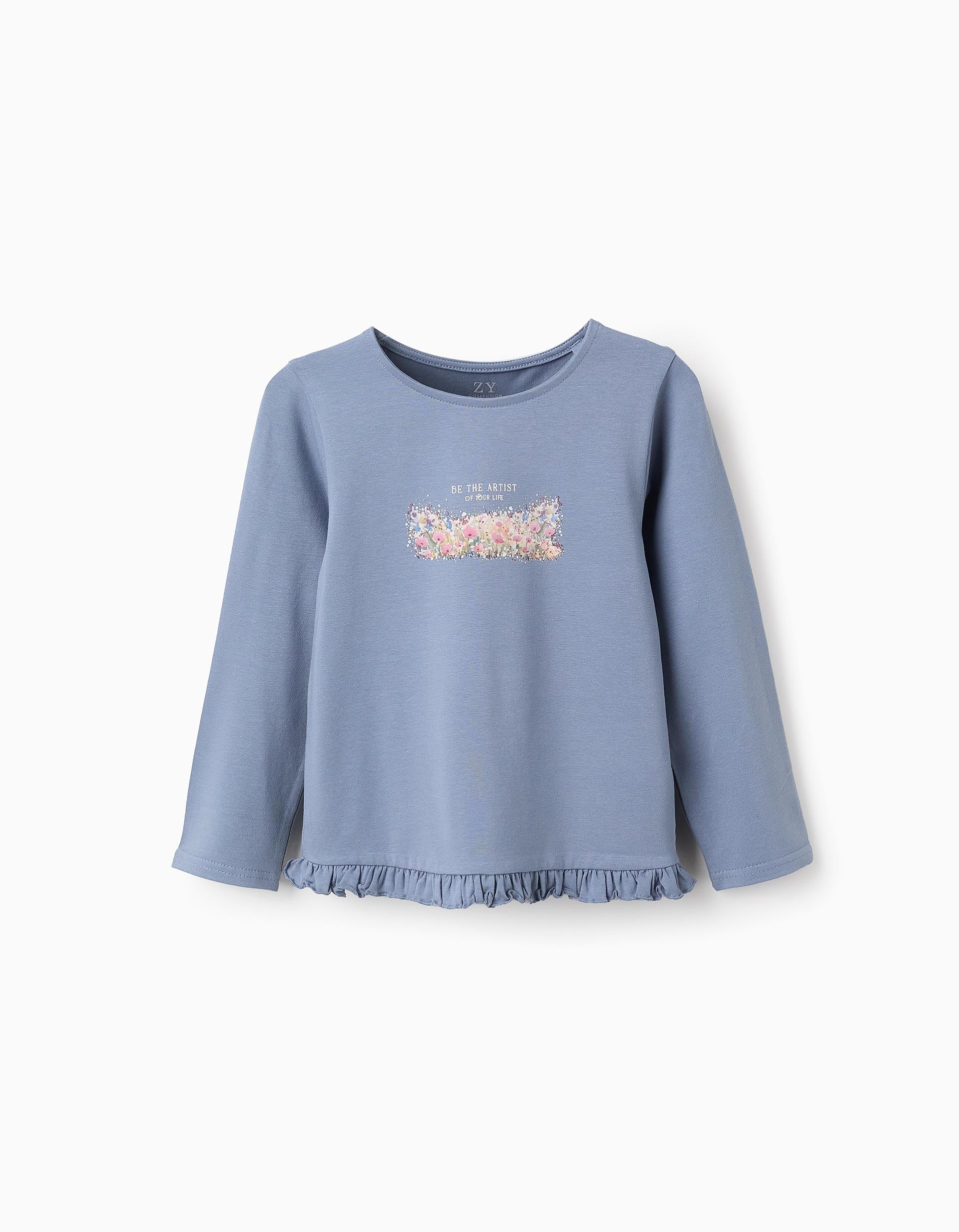 T-shirt with Frills and Print for Girls 'Flowers', Blue | La vie en Rose | KSA
