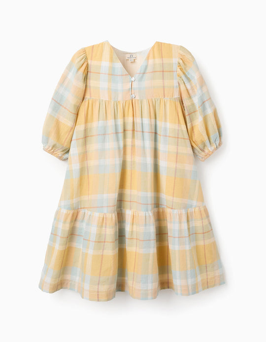 Cotton Dress with Check for Girls 'B&S', Yellow