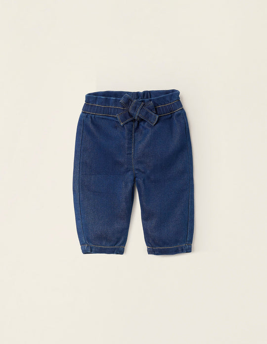 Denim Joggers with Bow for Newborn Girls, Dark Blue