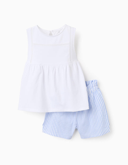 بيجاما قطن بدانتيل ومخططة للفتيات، أبيض/أزرق