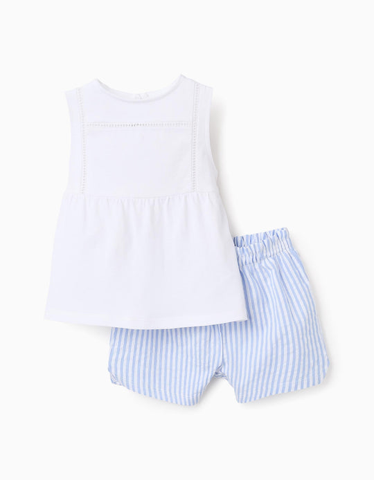 بيجاما قطن مع دانتيل وخطوط للبنات الرضع، أبيض/أزرق