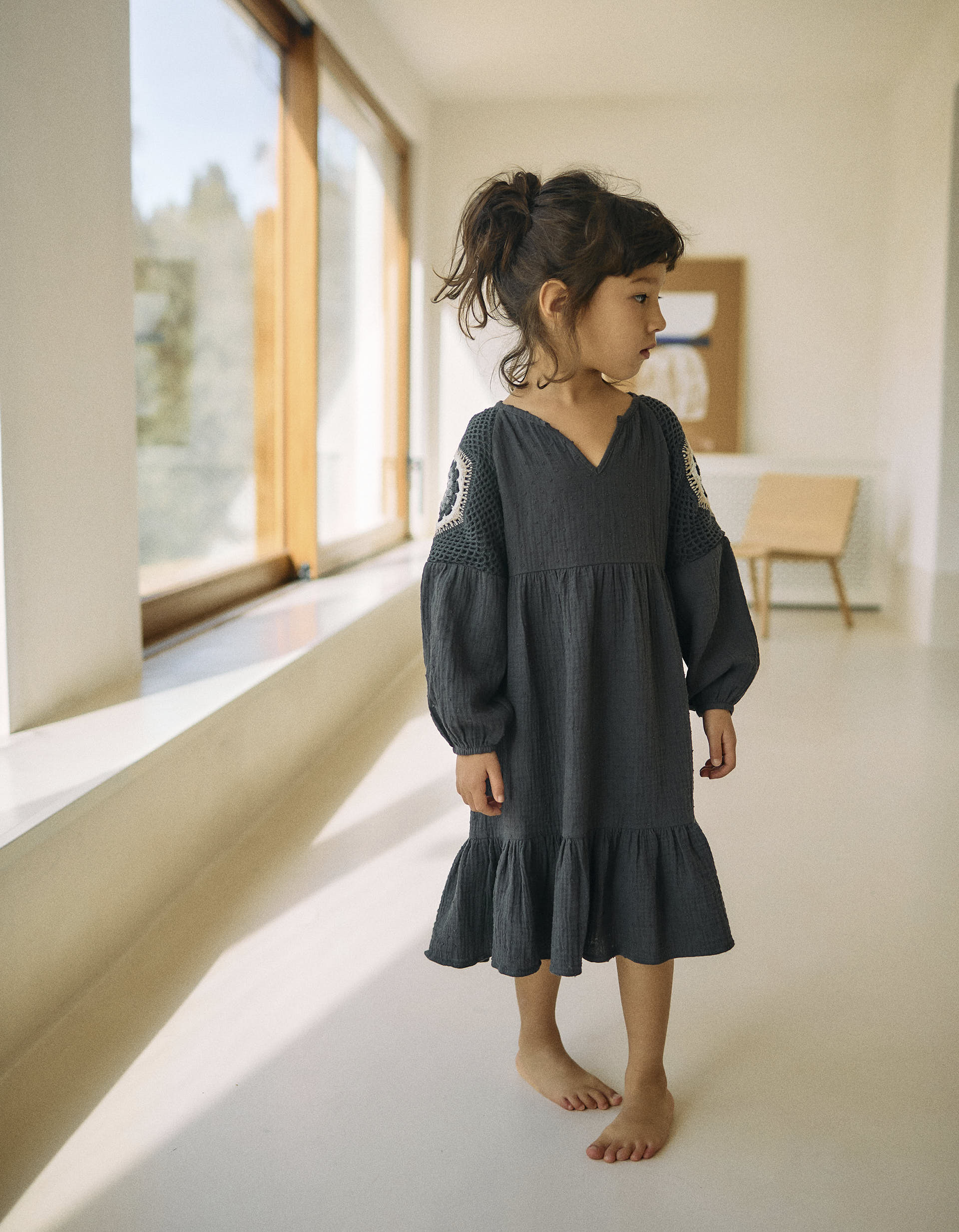 Bambula Dress with Crochet for Girls, Grey | La vie en Rose | KSA