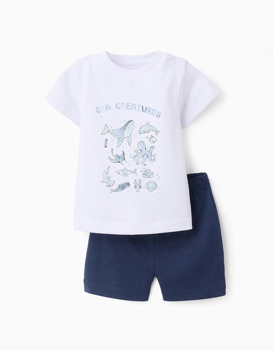 Cotton Pyjama for Baby Boys 'Sea Creatures', White/Blue