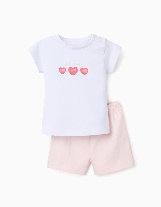 بيجاما قطن للبنات الرضع قلوب، أبيض/وردي