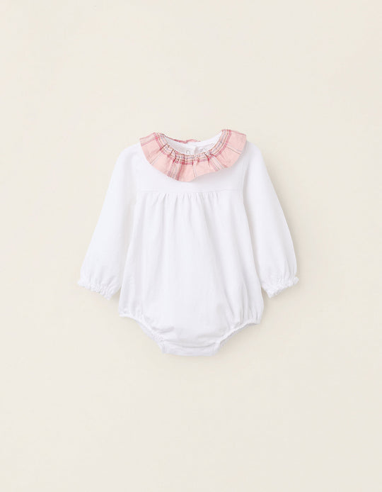 Cotton Bodysuit with Checkered Collar for Newborn Girls, White/Pink