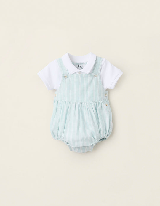Bodysuit + Cotton and Linen Jumpsuit for Newborns, White/Blue