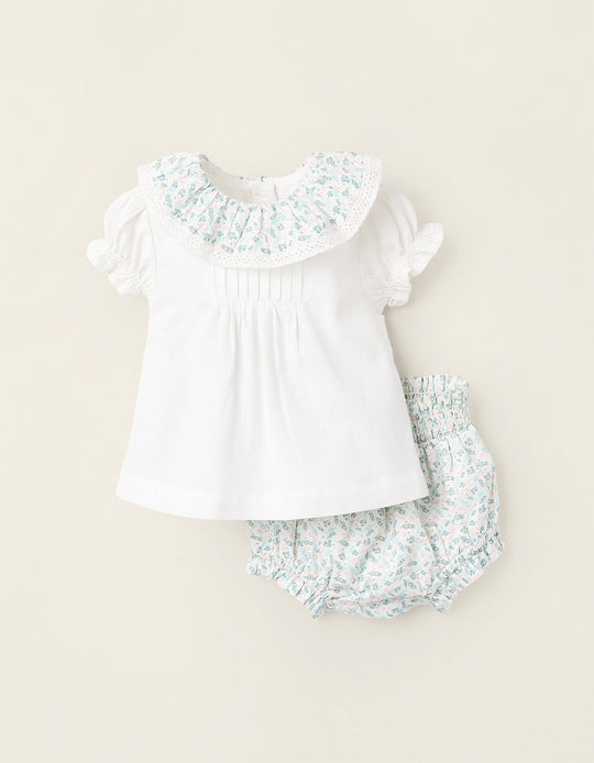 Blouse + Bloomers Floral Pattern for Newborn Girls, White/Green