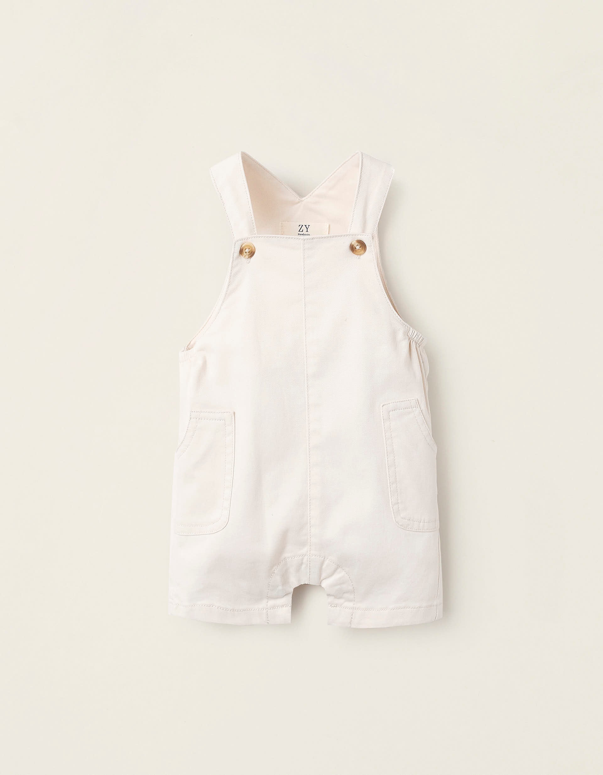 Short Twill Dungarees for Newborns, Beige