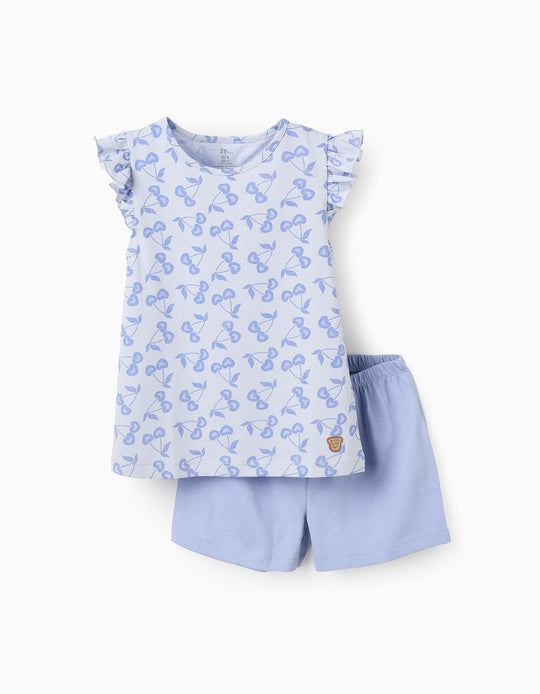 Cotton Pyjama with Frills for Girls 'Cherries', Blue