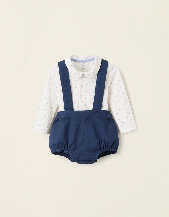 Bodysuit + Shorts for Newborns 'Birds', White/Blue