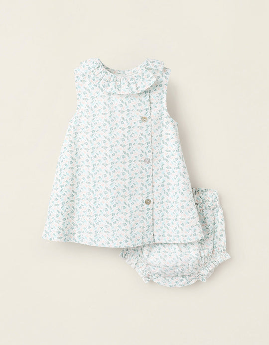 Dress + Bloomers Floral Pattern for Newborn Girls, White/Green