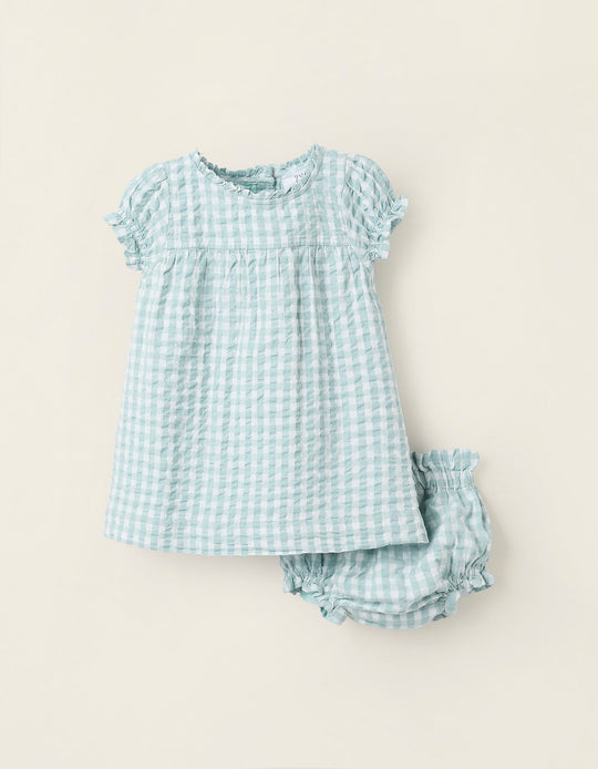 Dress + Bloomers Set in Vichy for Newborn Girls 'B&S', White/Mint Green