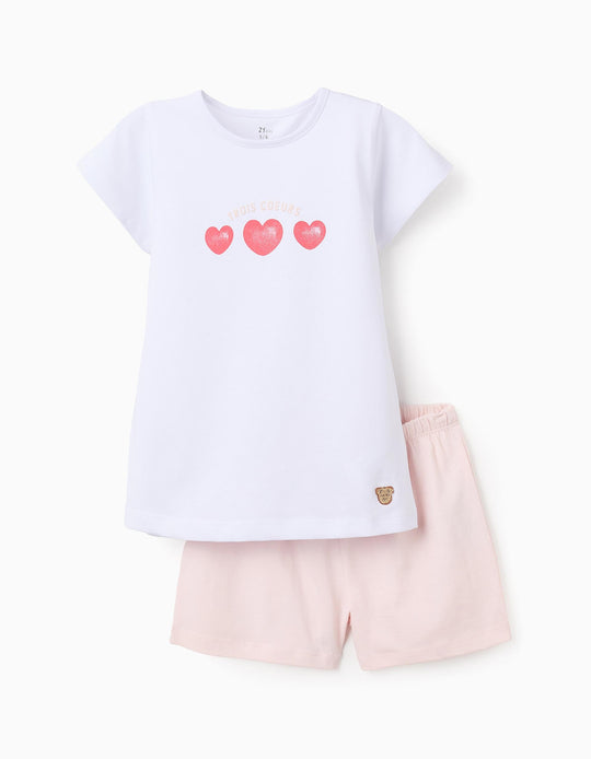 بيجاما قطن للبنات قلوب، أبيض/وردي